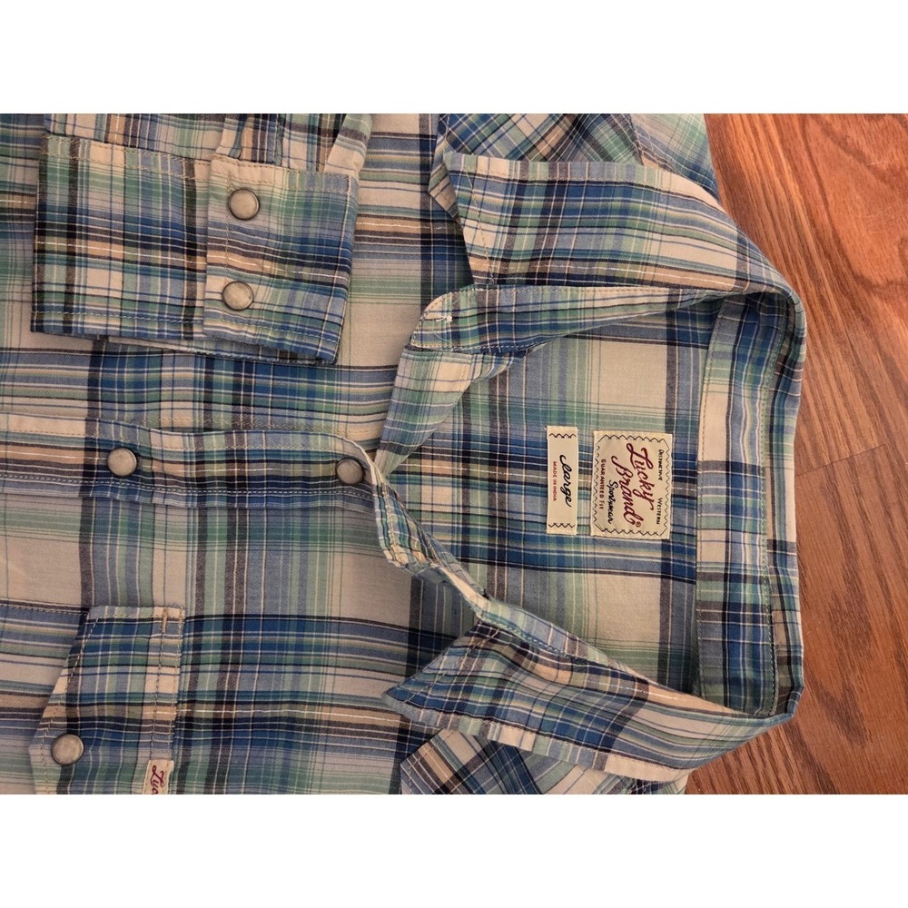 Lucky Brand Mens Western Pearl Snap Shirt Large‎ Blue Green Plaid Long Sleeve L